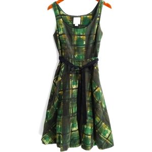 Anthropologie Maeve Painted‎ Plaid Green Fit and Flare Dress